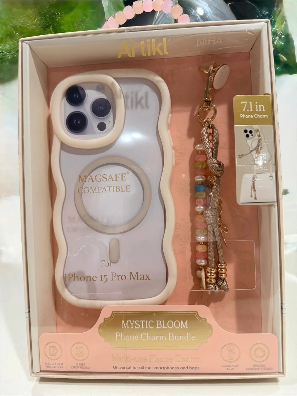 Mystic Bloom Pink/Cream MagSafe Compatible iPhone 15 Pro Max Case & Phone Charm